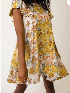 Free People Yellow Floral Mini Dress with Ruffle Shoulders